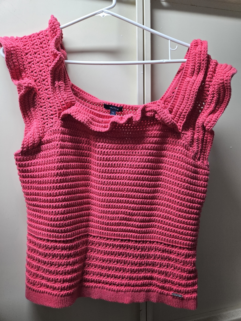 Nautica Hot Pink Crochet Ruffle-Shoulder Tank Top